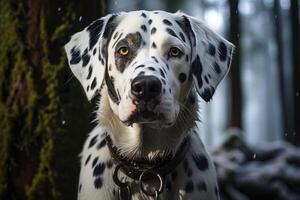 Beautiful Dalmatian dog in a snowy forest. Generative AI photo