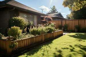 Wooden fence with green lawn. Generative AI photo