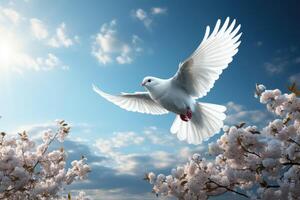 White dove is symbol of purity and peace. Generative AI photo