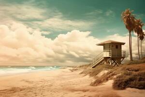 Beach with palm tree and life guard tower by the sea. Generative AI photo