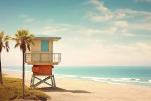 Beach with palm tree and life guard tower by the sea. Generative AI photo