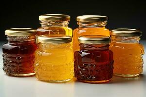 Honey of various types in glass jars. Generative AI photo