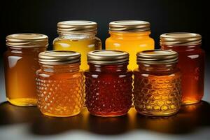 Honey of various types in glass jars. Generative AI photo