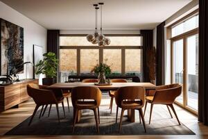 Interior design of modern dining room, wooden table and brown chairs. Generative AI photo