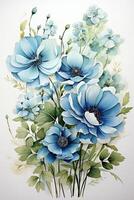 Botanical blue flower watercolor bouquet elegance blooming. Generative AI photo