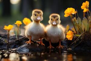 Little wild ducklings. Generative AI photo