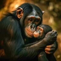 Chimpanzee mother with her little baby. Generative AI photo