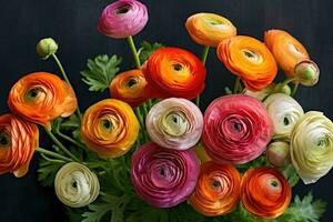 Colorful ranunculus in a bouquet. Persian buttercups bouquet of spring flowers. Generative AI photo