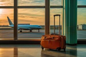 Suitcases in airport, airport hall, airplanes in the background. Generative AI photo