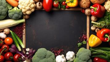 Empty frame in the middle of different vegetables lying on the table. photo