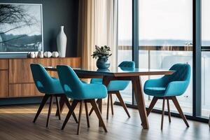 Interior design of modern dining room, wooden table and blue chairs. Generative AI photo