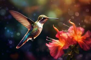 Hummingbird sucks nectar from flower in the morning. Close Up. Generative AI photo