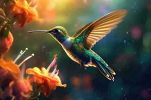 Hummingbird sucks nectar from flower in the morning. Close Up. Generative AI photo