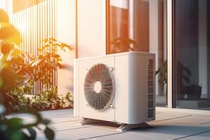 aire fuente calor bomba instalado en residencial edificio. generativo ai foto