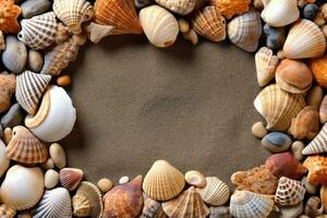 Shells on the sand. Space for text in the center. Generative AI photo