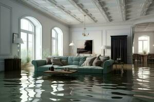 Interior of the house flooded with water. Generative AI photo
