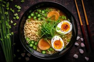 Ramen in a bowl top view. Ramen soup with egg and green onions. Generative AI photo