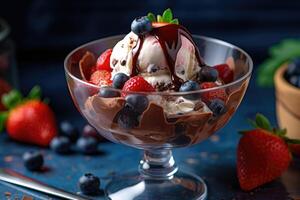 vistoso hielo crema helado con frutas y nueces en un vaso. generativo ai foto