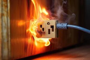 Electrical short circuit. Failure caused by burning wire and rosettes socket plug in house. photo