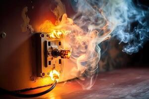 Electrical short circuit. Failure caused by burning wire and rosettes socket plug in house. photo