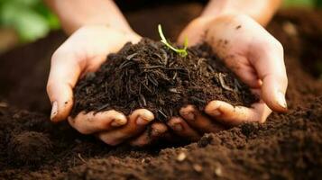 Hand of male holding soil in the hands for planting. Generative AI photo