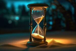 Hourglass with shining light. Generative AI photo