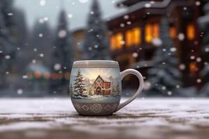 Decorated christmas coffee mug with winter forest landscape and snow. Generative AI photo