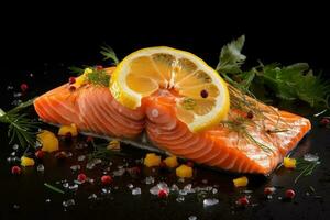 Salmon fillet with pepper, thyme rosemary and lemon. Generative AI photo