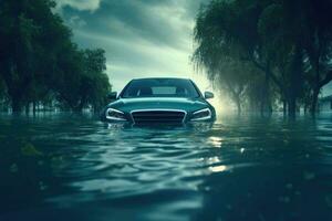 Car swamped in flood water. Generative AI photo