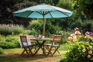 Cafe table with chair and parasol umbrella in the garden. Generative AI photo