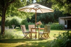café mesa con silla y sombrilla paraguas en el jardín. generativo ai foto