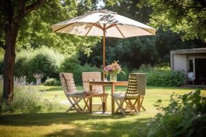 Cafe table with chair and parasol umbrella in the garden. Generative AI photo