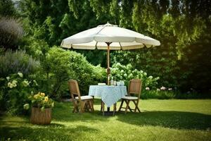 Cafe table with chair and parasol umbrella in the garden. Generative AI photo