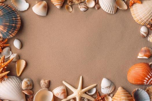 Shells on the sand. Space for text in the center. photo