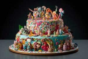 Gorgeous birthday cake for children. With colorful sweets. Generative AI photo