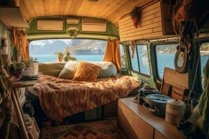 Cozy interior in the trailer of mobile home. Generative AI photo