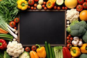 Empty frame in the middle of different vegetables lying on the table. photo