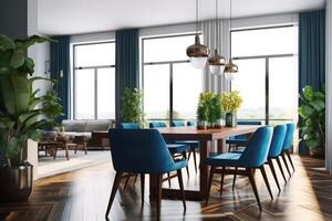 Interior design of modern dining room, wooden table and blue chairs. Generative AI photo