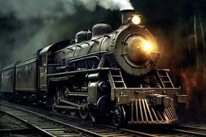 Retro steam train departs from the station. Generative AI photo