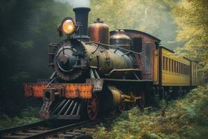 Train rides in a natural area, retro style. Old steam locomotive. Generative AI photo