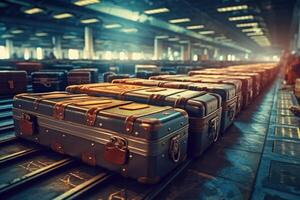 Baggage on conveyor belt. Generative AI photo