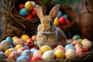 un Conejo sentado en un pila de de colores huevos. generativo ai foto