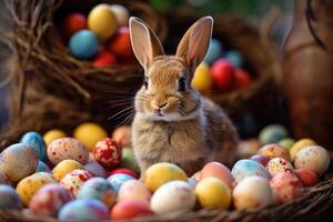 a rabbit sitting in a pile of colored eggs. photo