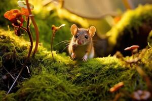 Wild mouse resting on the forest floor with lush green vegetation. Generative AI photo