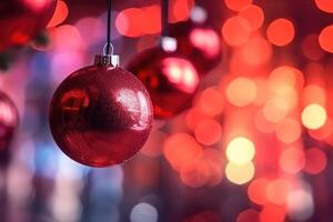 Christmas with Decoration red balls and lights In abstract defocused background, New Year concept , Generate Ai photo