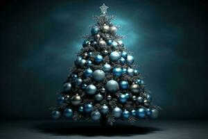 Christmas abstract tree decorated with blue balls. Generative AI photo