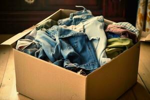 Unfashionable clothes for recycle in box. Generative AI photo