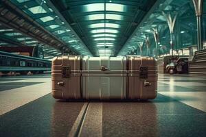 Baggage on conveyor belt. Generative AI photo