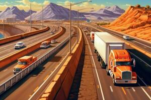 Trucks on the highway. Transportation theme. Road cars theme. Generative AI photo