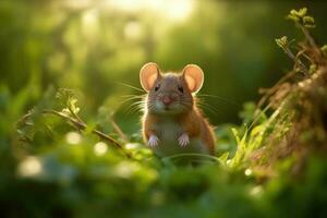 Wild mouse resting on the forest floor with lush green vegetation. Generative AI photo